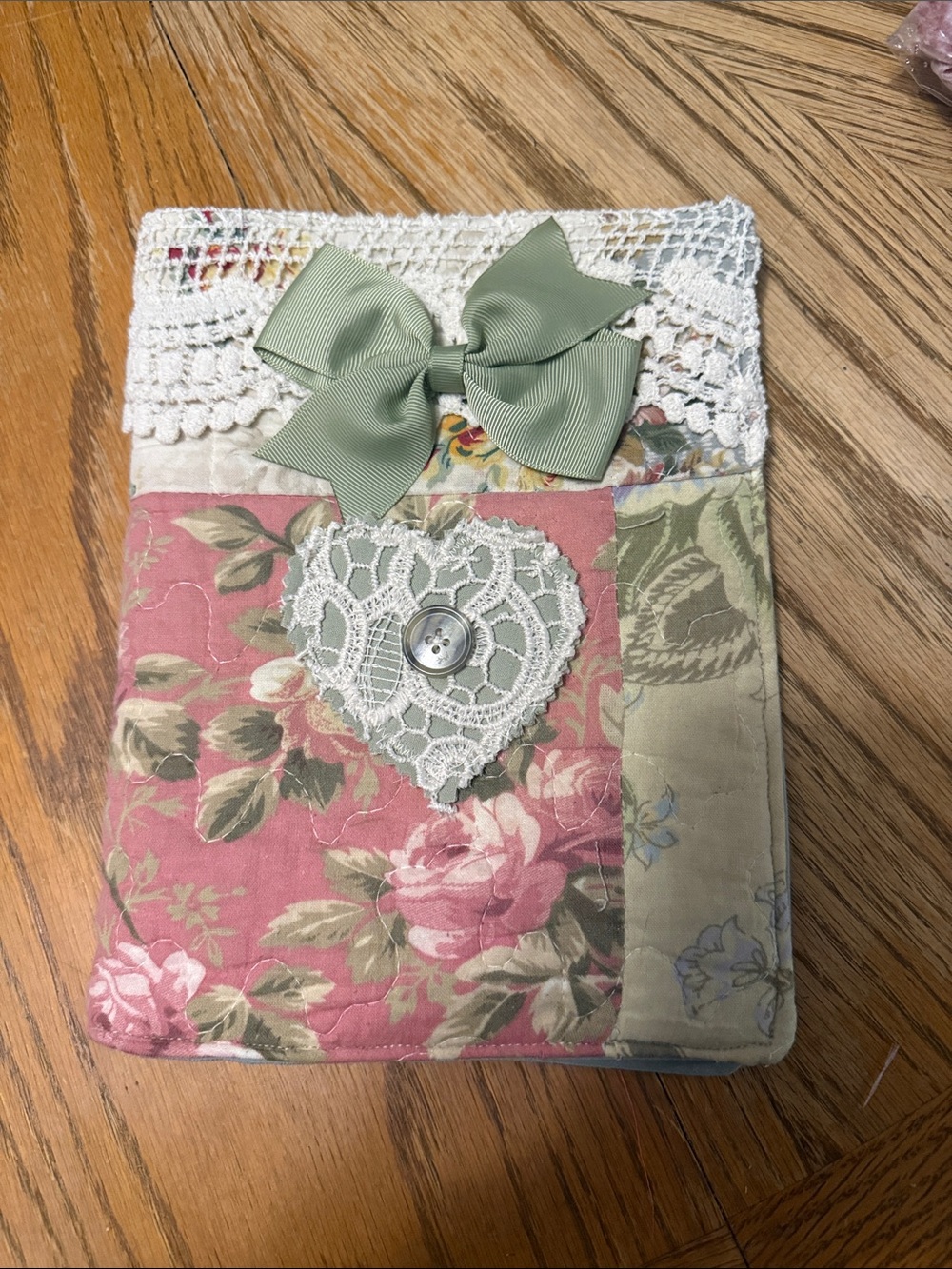 Hand-Quilted Floral Bible Cover with Lace Heart and Sage Bow Accent